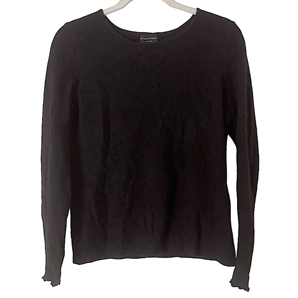 Sutton Studio Black 100% Cashmere Crewneck Sweater with Ruffle Sleeve